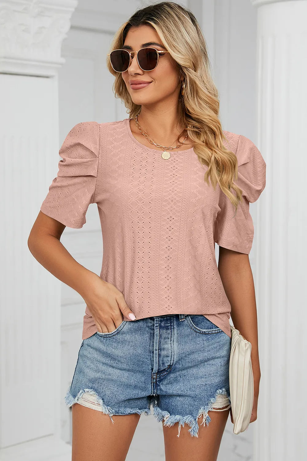 Eyelet Round Neck Puff Sleeve T-shirt (14)