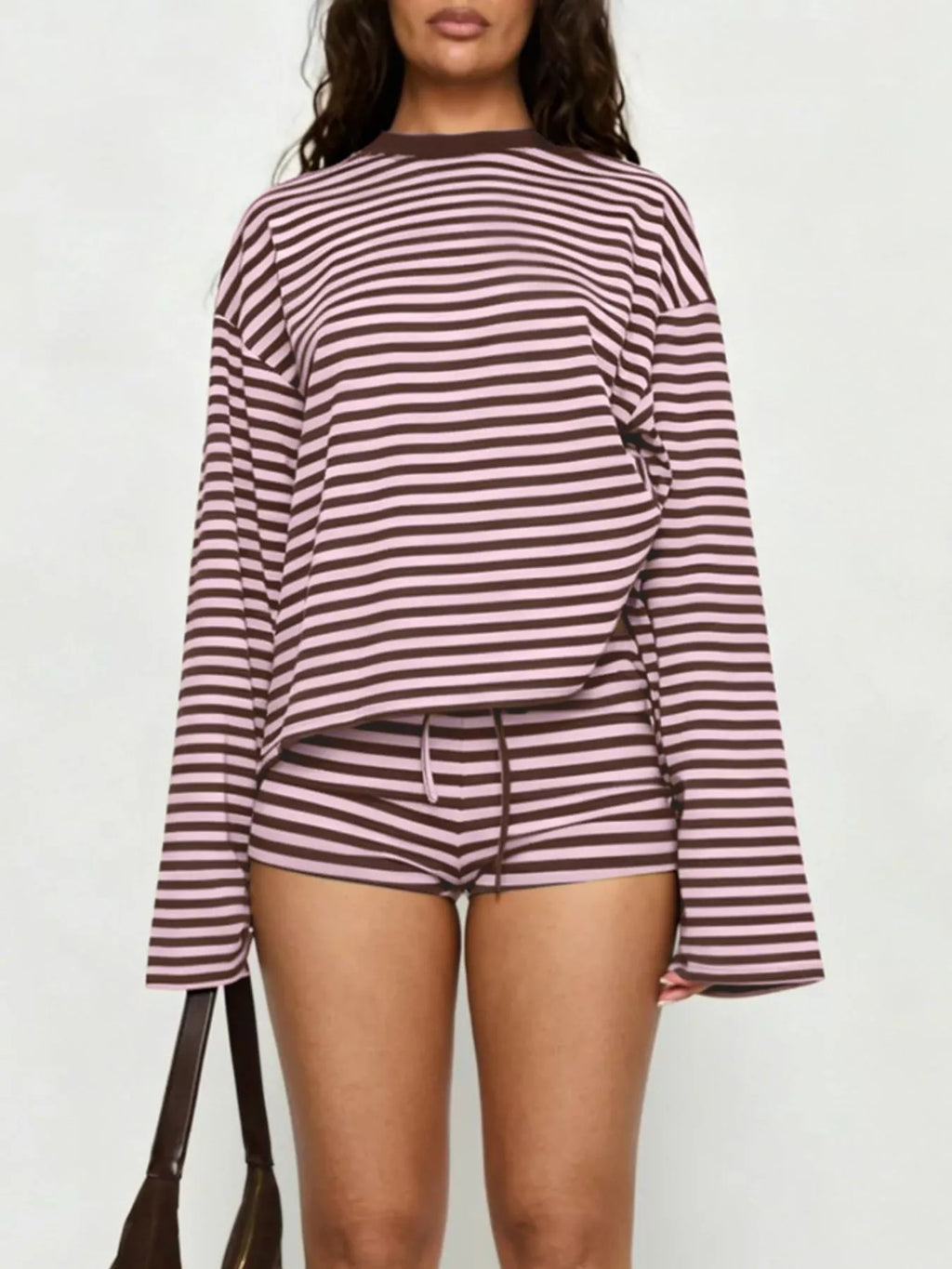 Striped Long-sleeve Top Shorts Set (10)