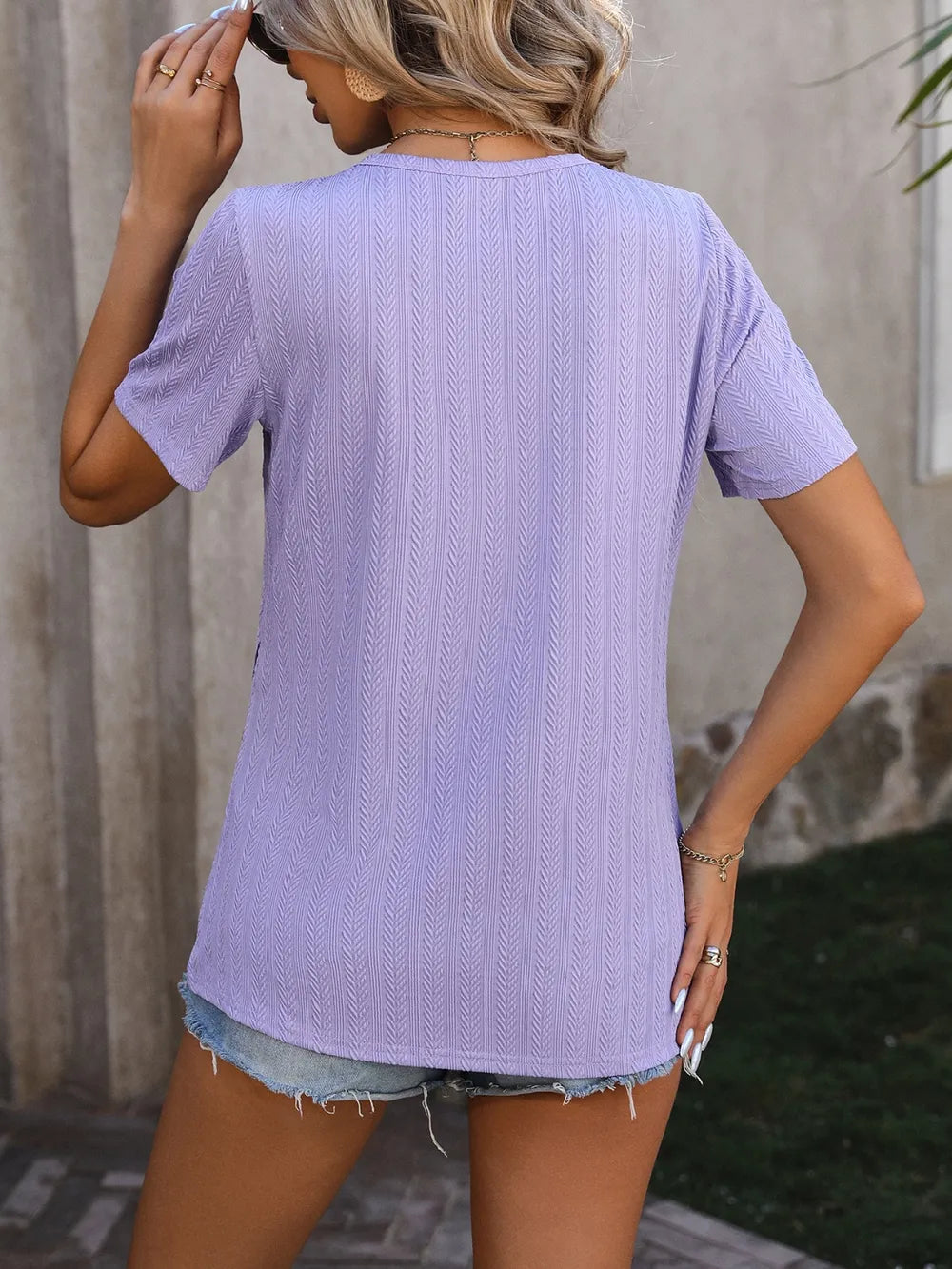Decorative Button Round Neck Short Sleeve Blouse (2)