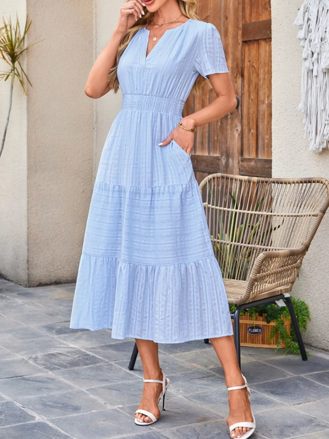 Tiered Notched Short Sleeve Dress (9)