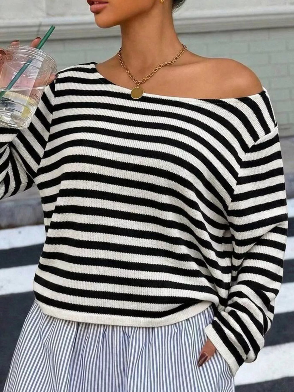 Boat Neck Striped Long Sleeve T-shirt (3)