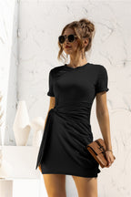 Round Neck Cuffed Sleeve Side Tie Dress (6)