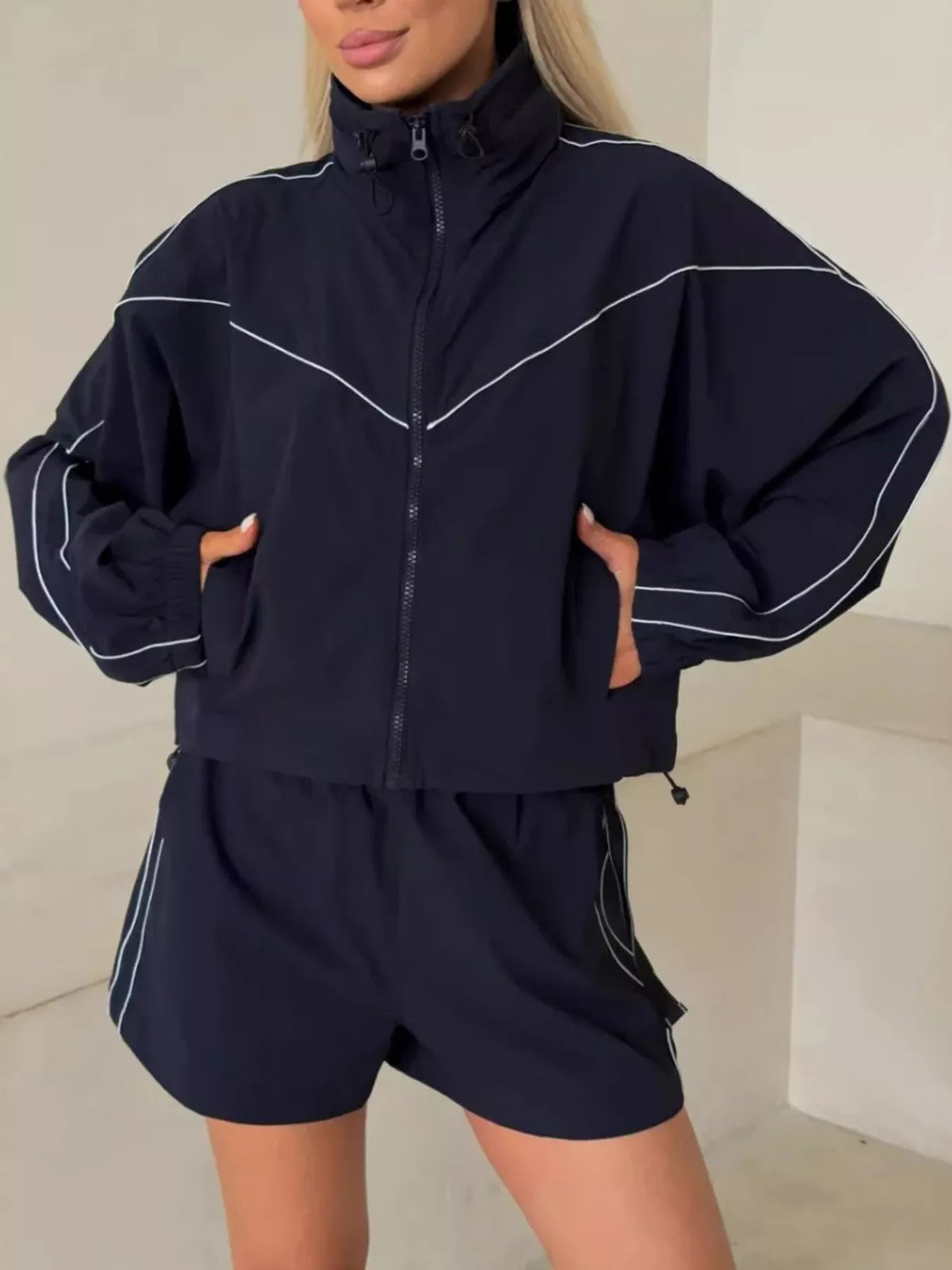 Drawstring Zip-up Jacket Shorts Set (8)