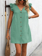 Button Up V-neck Cap Sleeve Mini Dress (23)