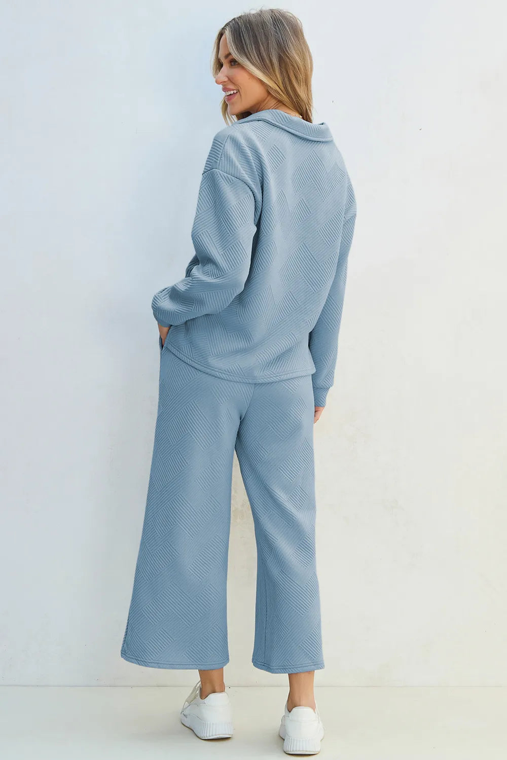 Textured Collared Neck Top Wide Leg Pants Set (3)