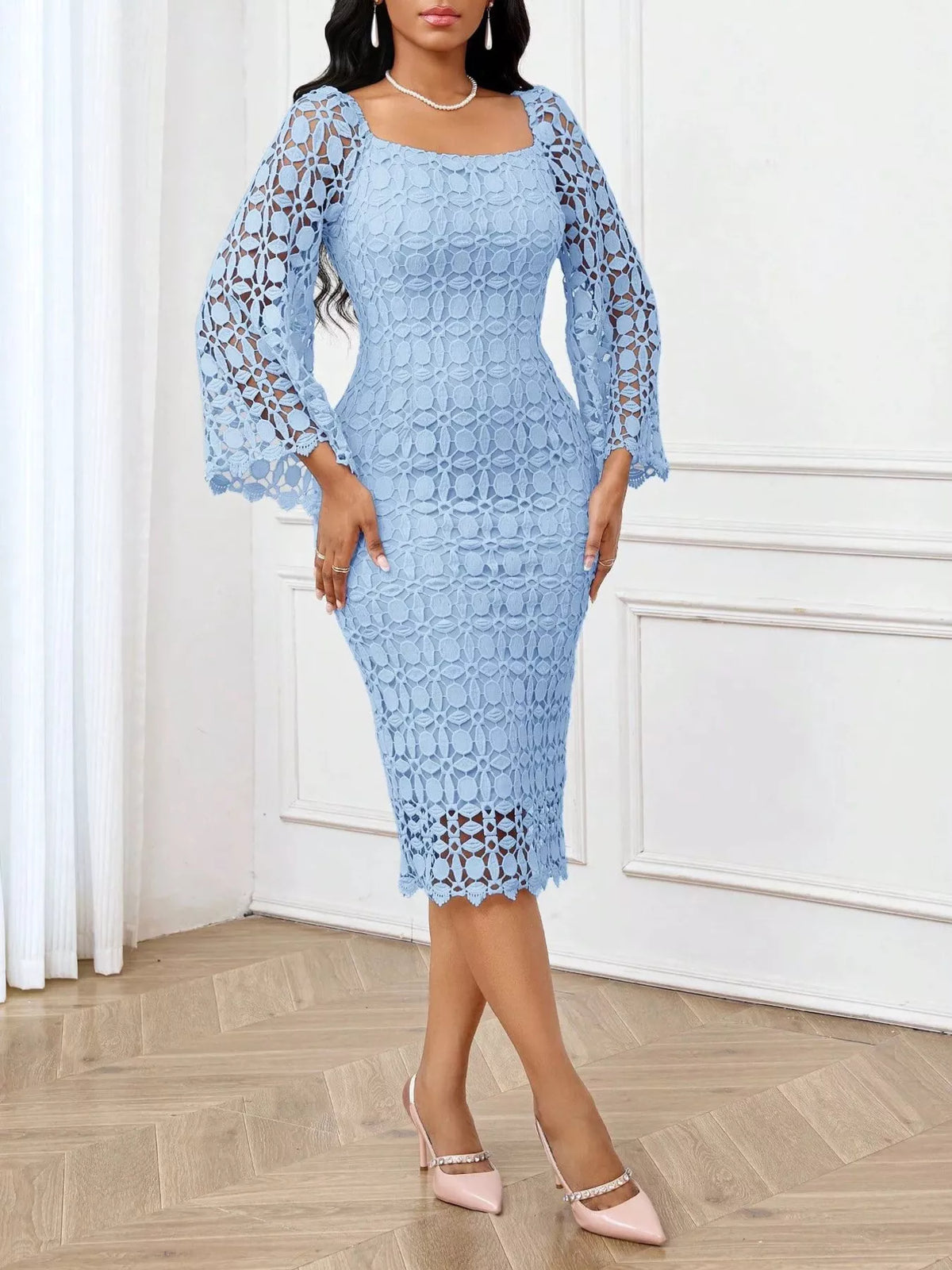 Lace Square Neck Midi Dress (2)