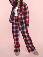 Plaid Collared Neck Button Up Top Pants Lounge Set (11)