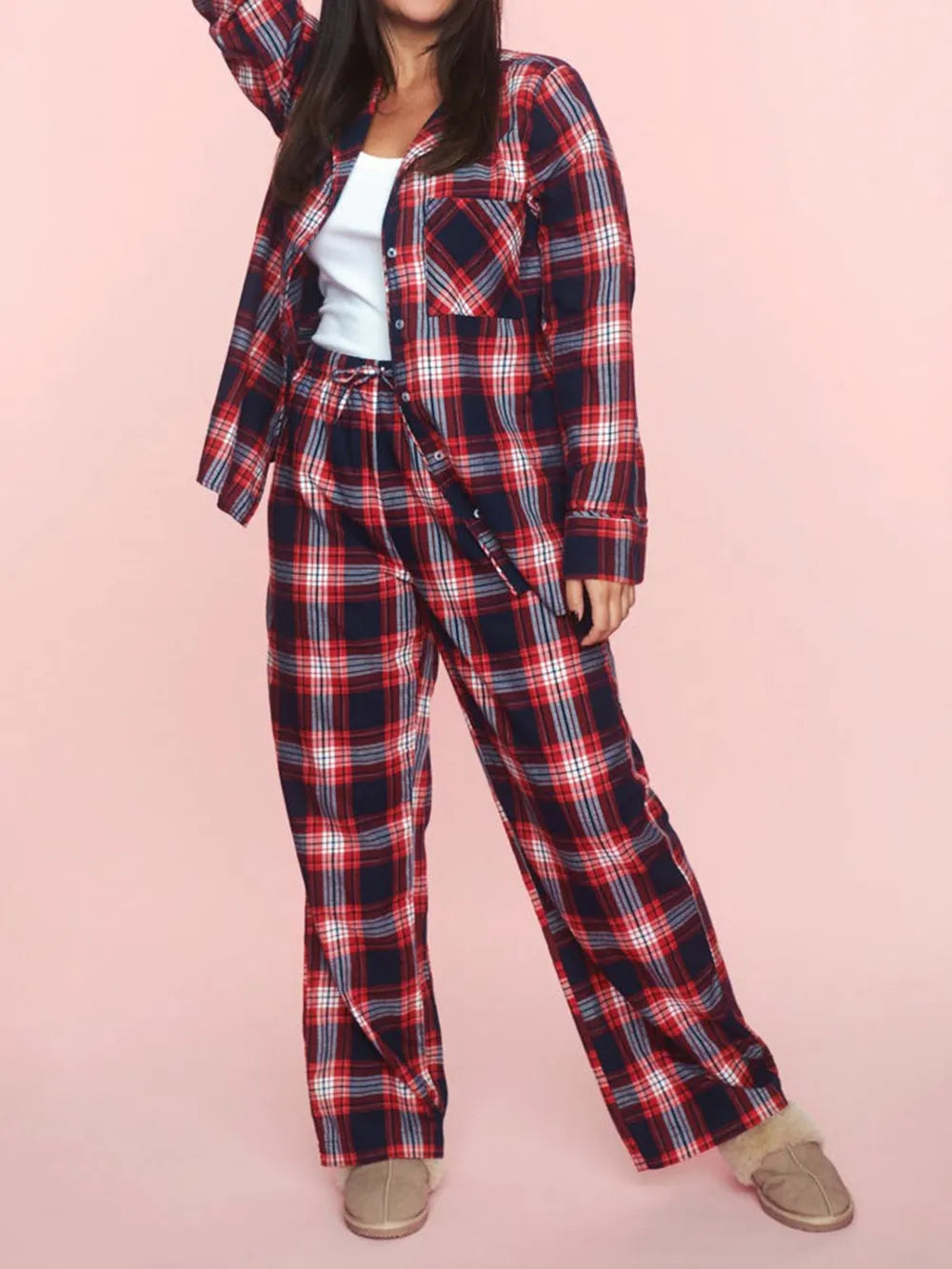 Plaid Collared Neck Button Up Top Pants Lounge Set (11)