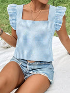 Gingham Ruffle Sleeve Square Neck Blouse (19)