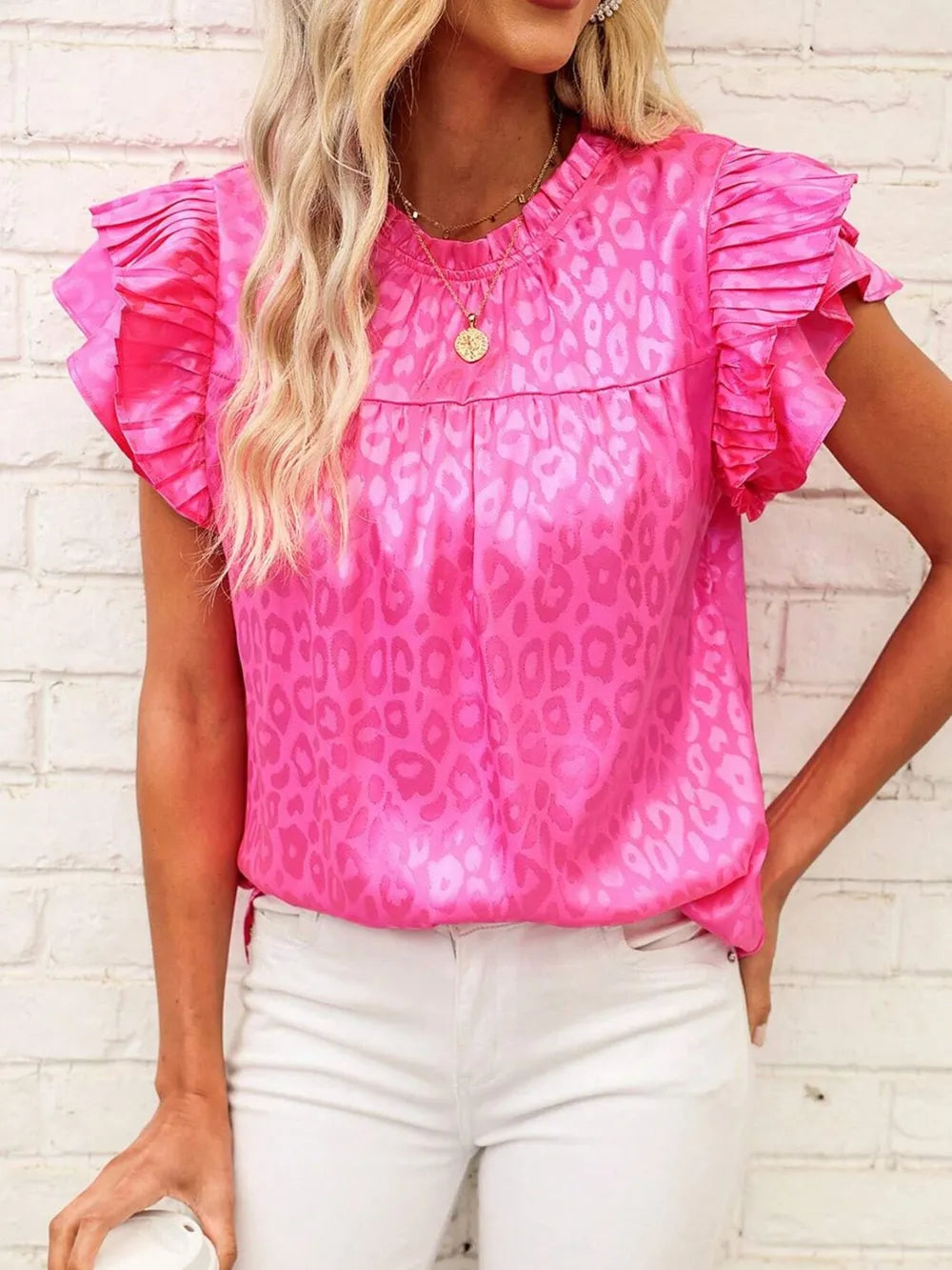 Leopard Frill Mock Neck Ruffled Cap Sleeve Top (3)