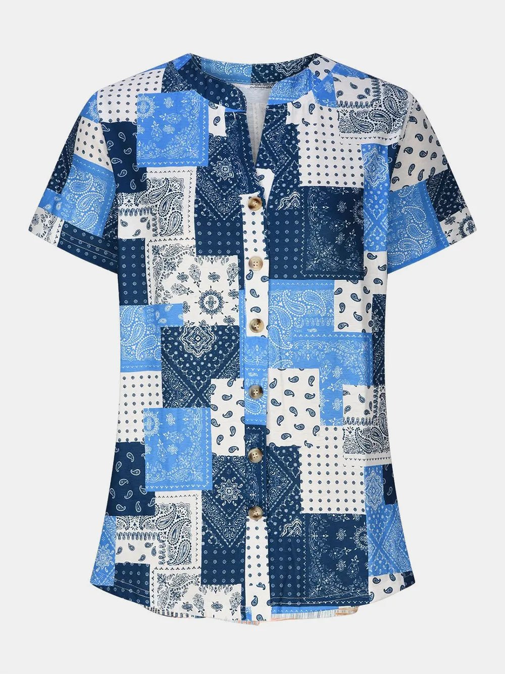 Printed Notched Short Sleeve Blouse (7)
