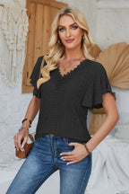 Eyelet Applique V-neck Cap Sleeve T-shirt (14)