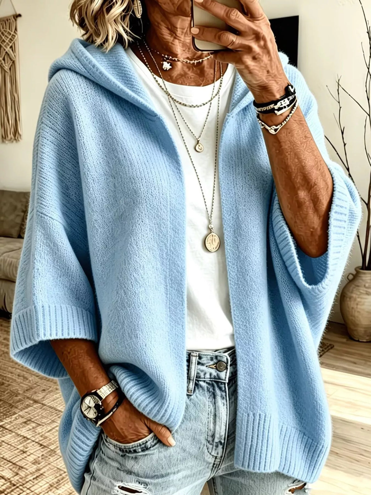 Full Size Hooded Open-front Knit Cardigan Plus (6)