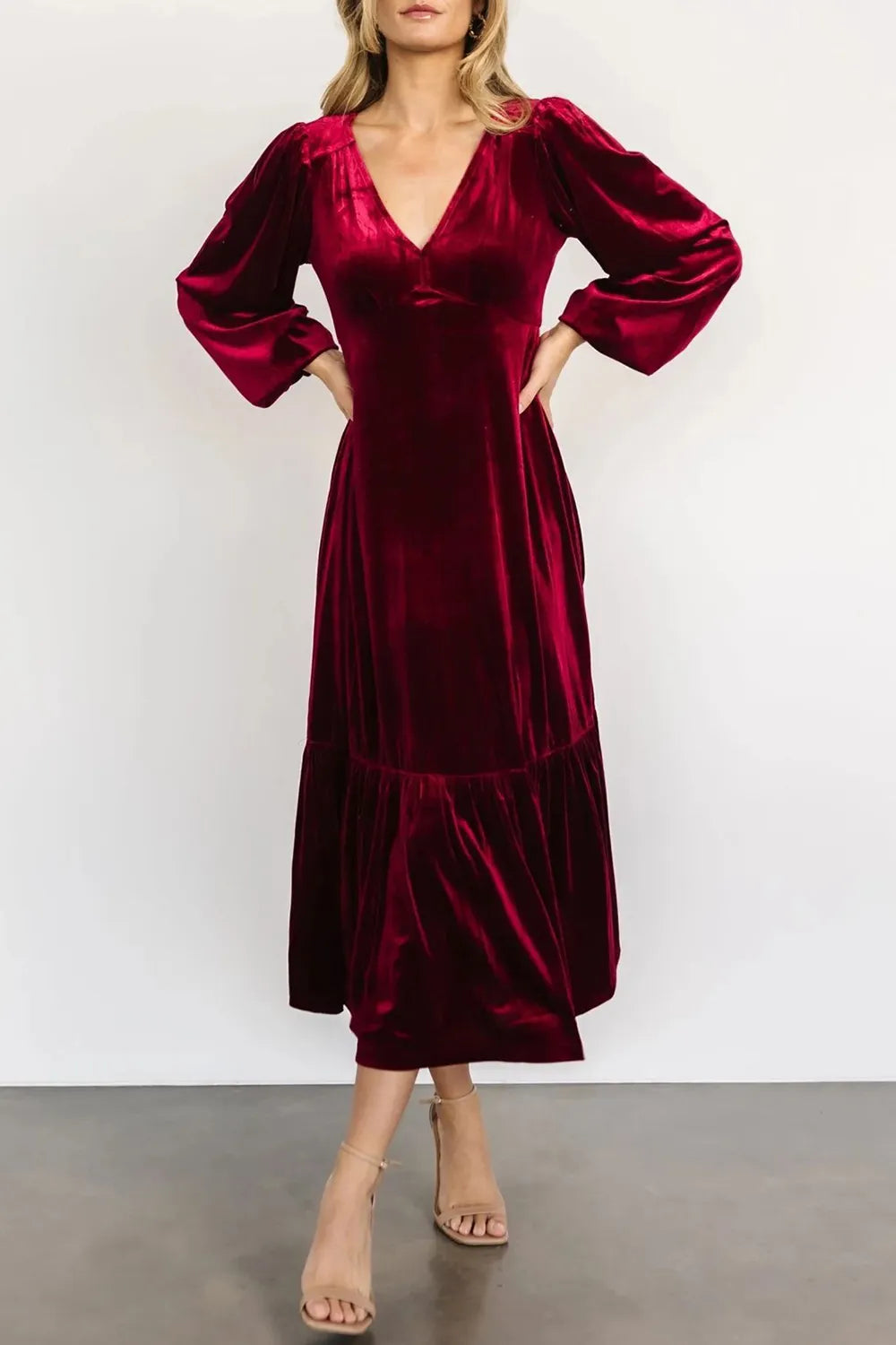 V-neck Long Sleeve Midi Velvet Dress (16)
