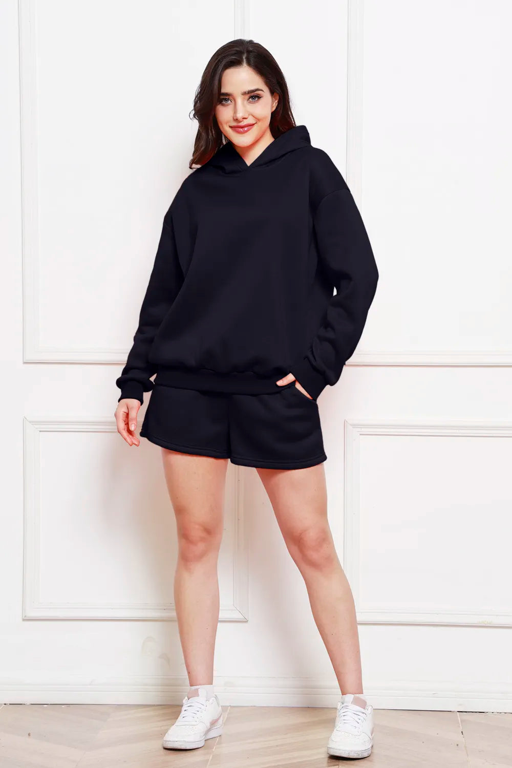 Drop Shoulder Long Sleeve Hoodie Shorts Set (4)