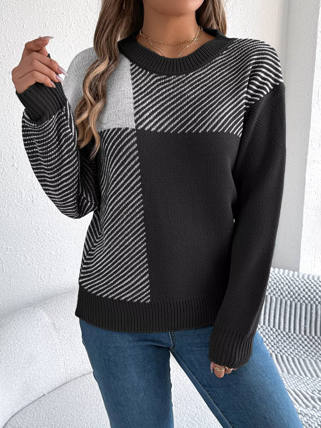 Block Striped Round Neck Sweater (17)