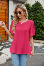 Pleated Flutter Sleeve Round Neck Blouse (3)