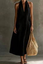 Casual Halter Neck Pocket Midi Dress (17)