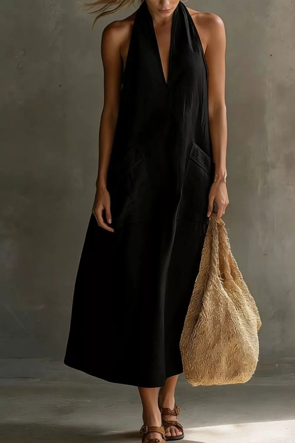 Casual Halter Neck Pocket Midi Dress (17)