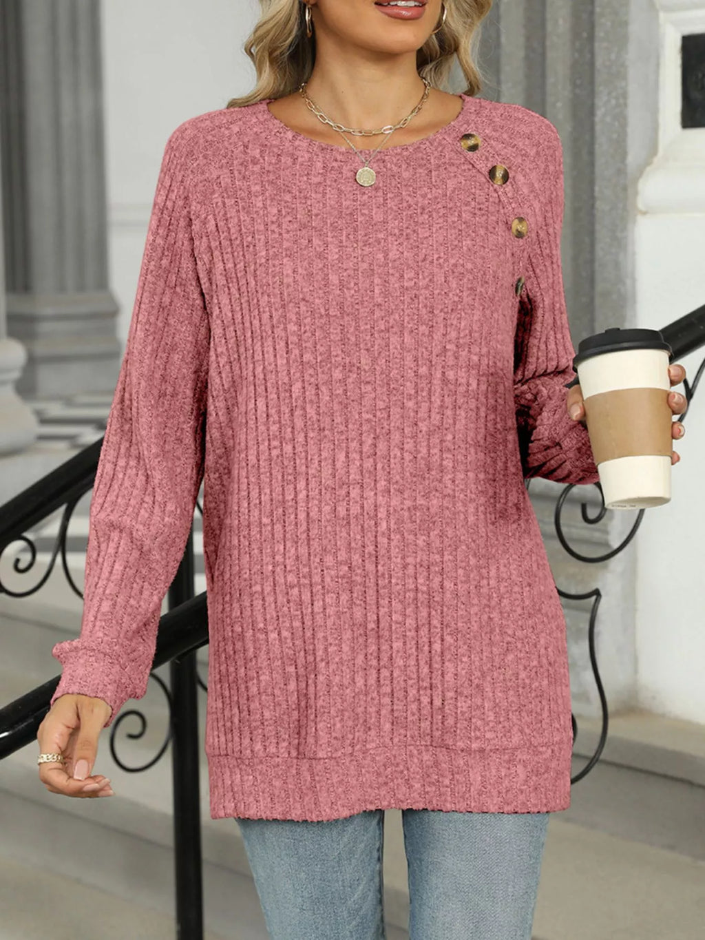 Round Neck Knit Button Top (28)