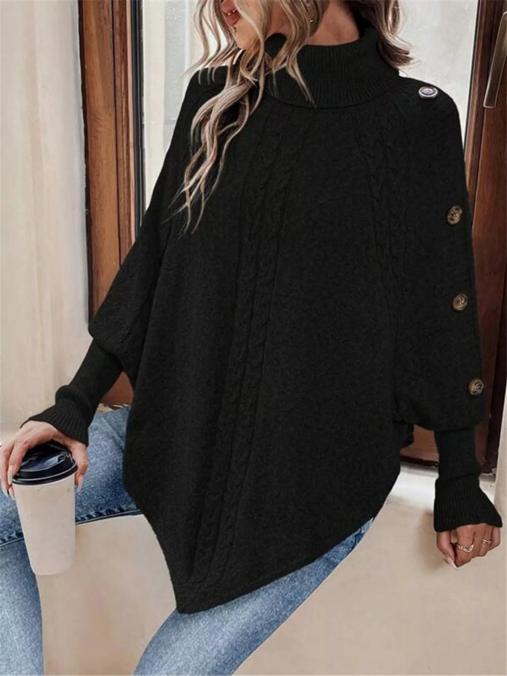 Cable Knit Turtleneck Cape Sweater (14)