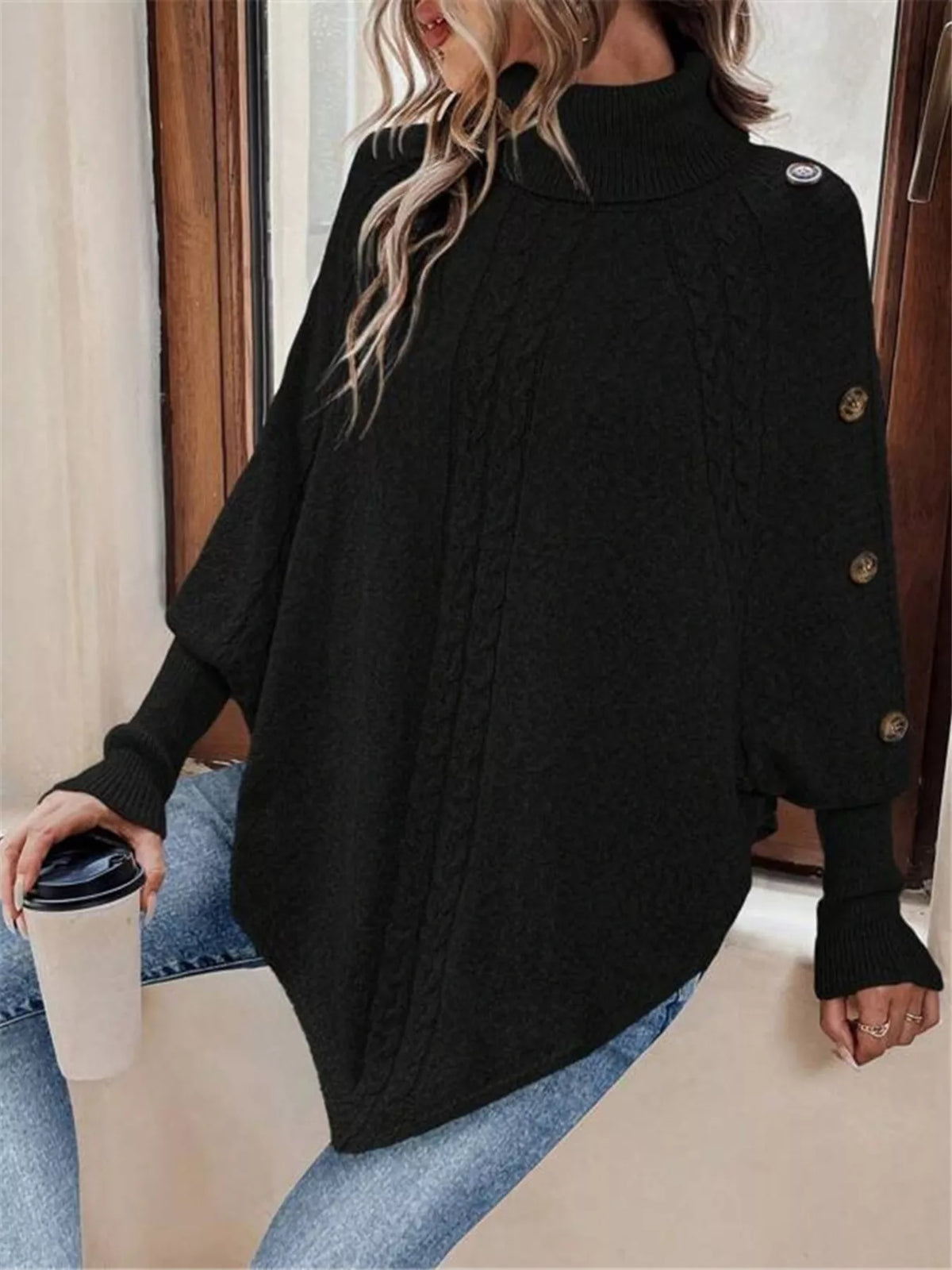 Cable Knit Turtleneck Cape Sweater (14)