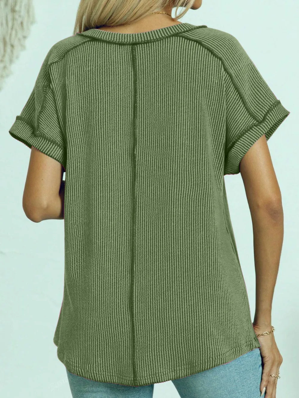 Exposed Seam V-neck Short Sleeve Top (15)