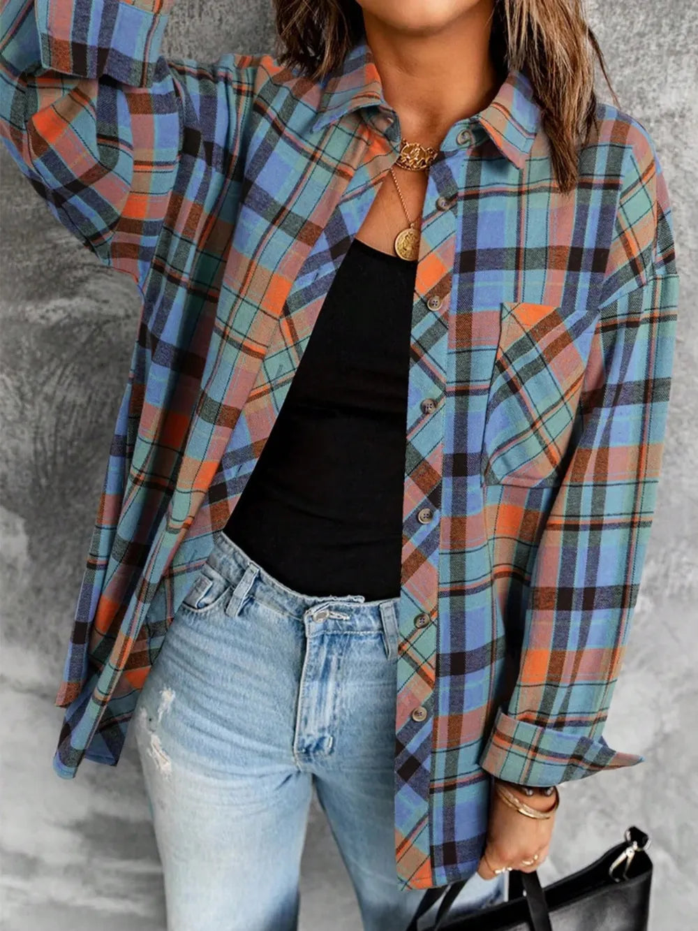 Plaid Collared Neck Long Sleeve Shirt (7)
