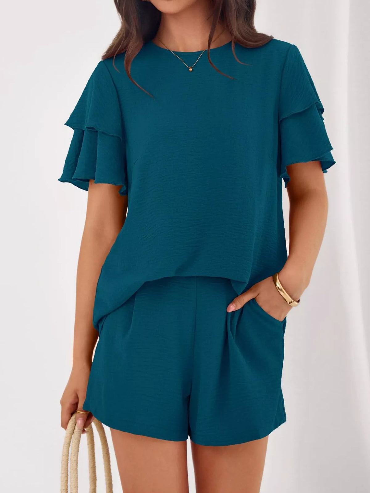Ruffle Sleeve Top Shorts Two-piece Set (12)