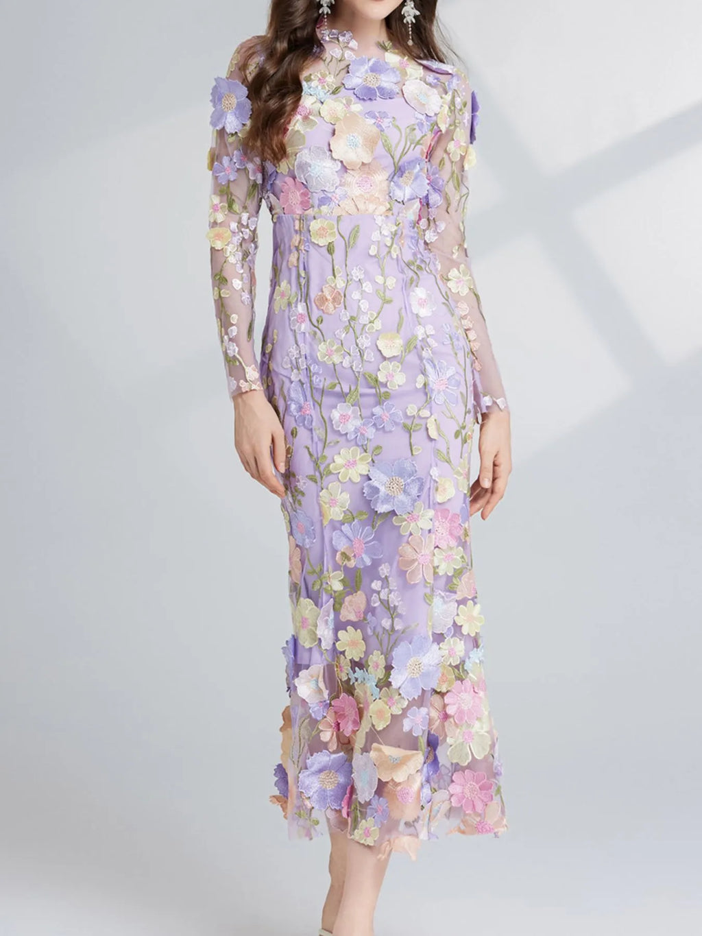 Floral Embroidered Mesh Long Sleeve Midi Dress (10)