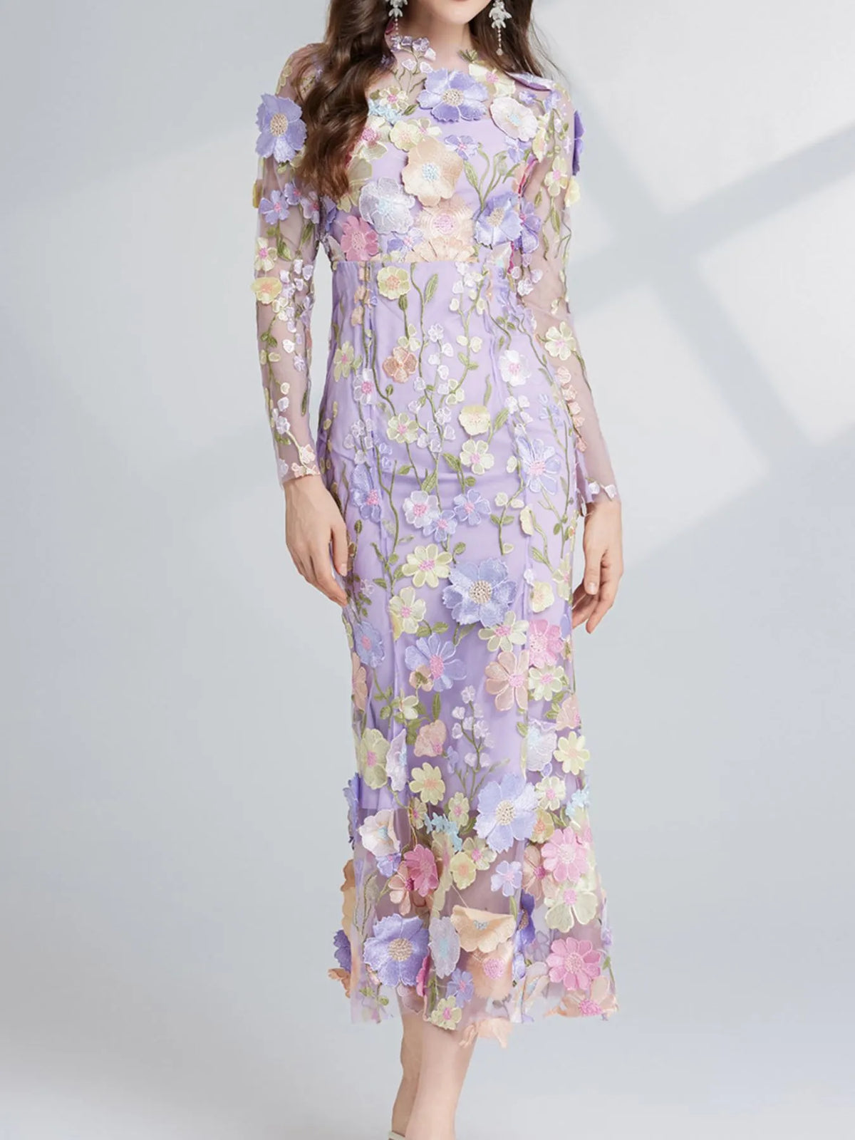 Floral Embroidered Mesh Long Sleeve Midi Dress (10)