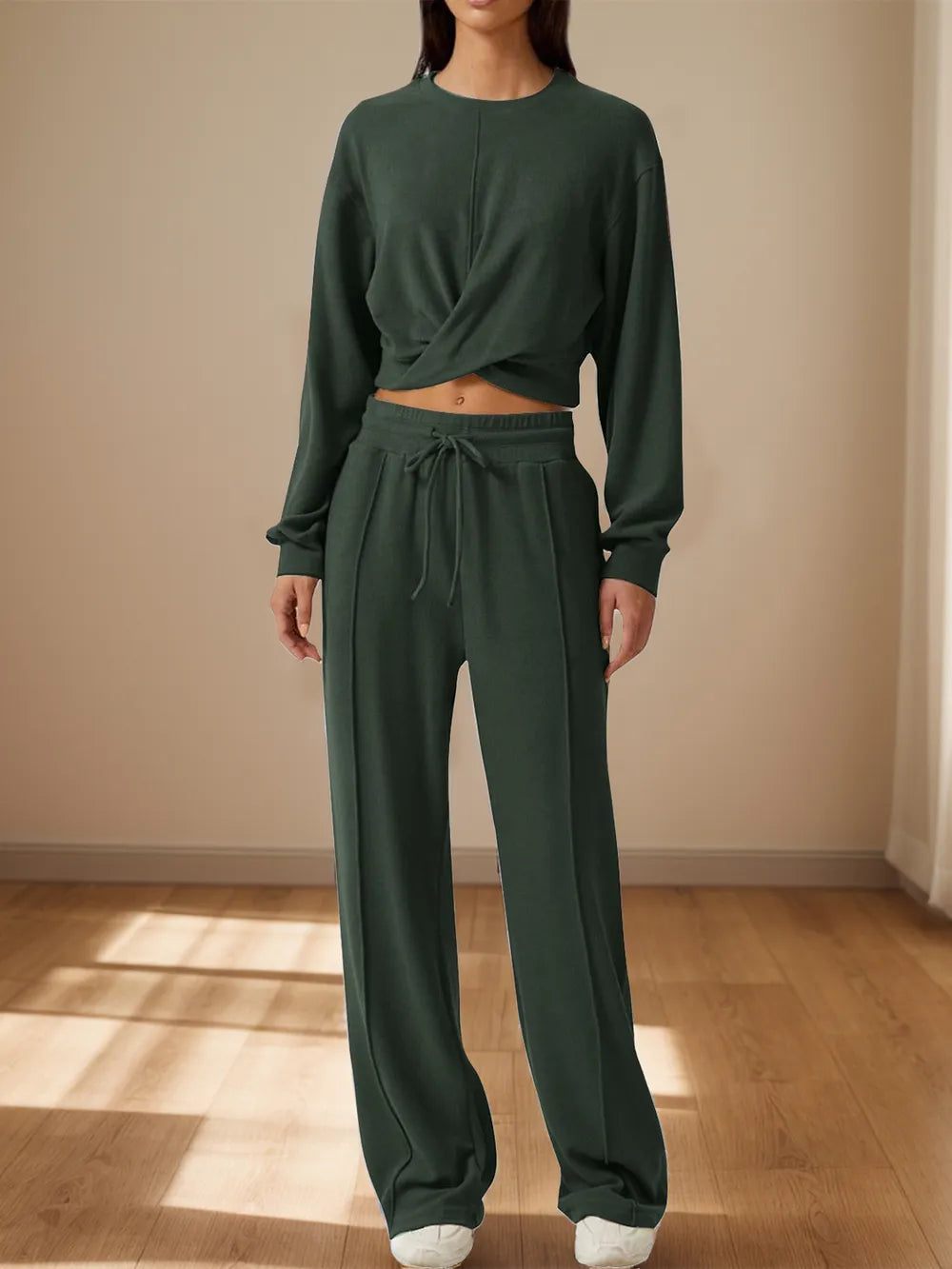 Crisscross Round Neck Top Drawstring Pants Set (8)