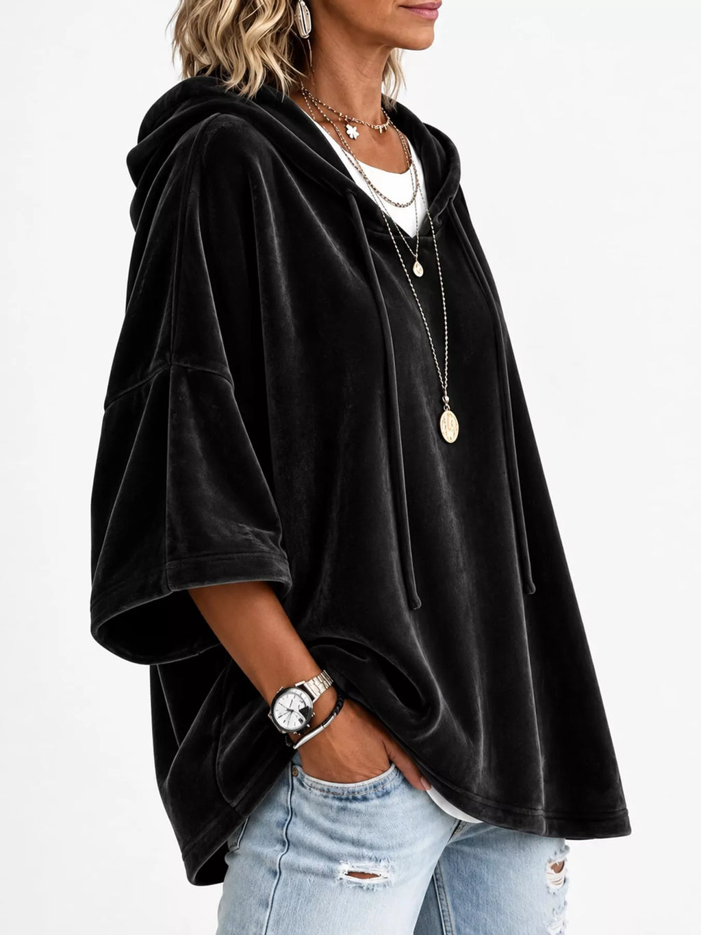 Full Size Velvet Half Sleeve Hoodie Drawstring Plus (2)