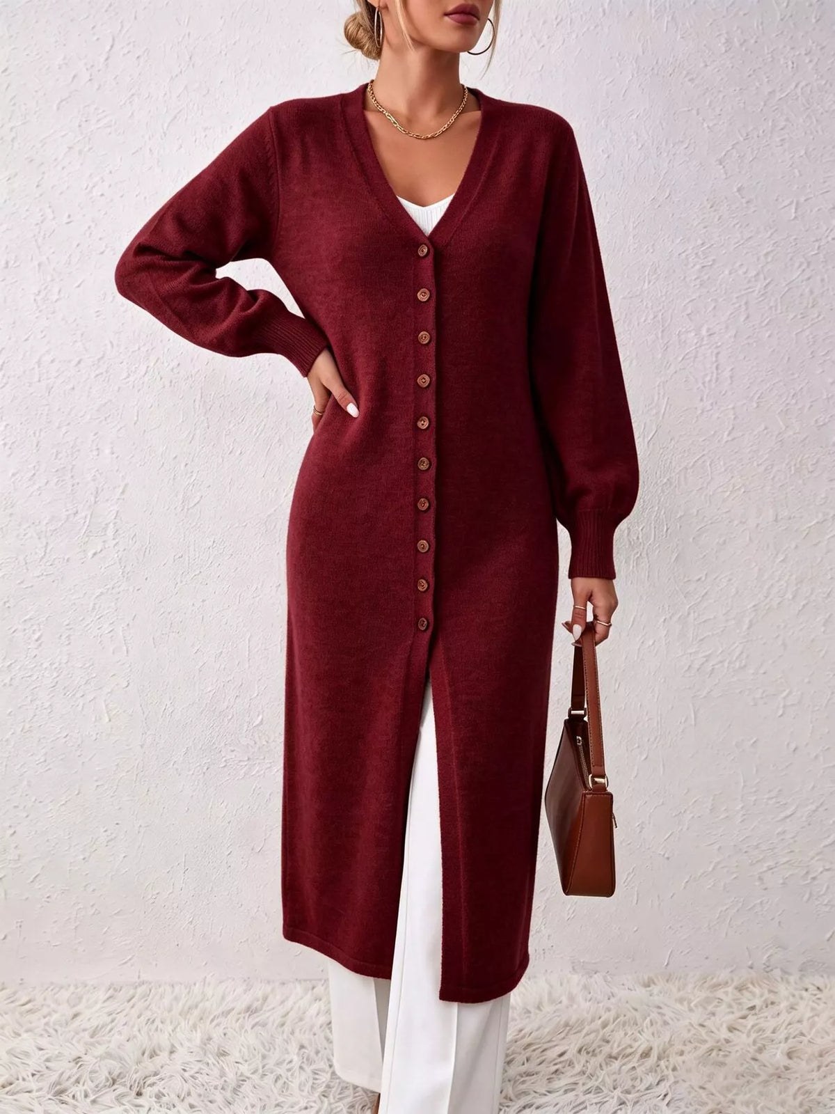 Button Front Long Sleeve Sweater Dress (10)