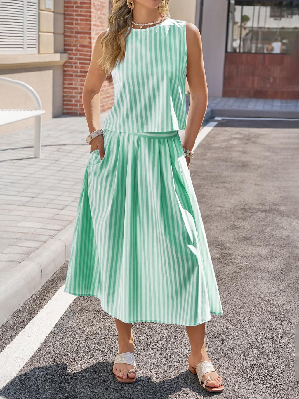 Striped Sleeveless Top Midi Skirt Set (7)