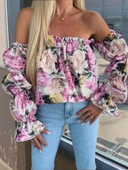 Printed Off-shoulder Flounce Sleeve Blouse (8)