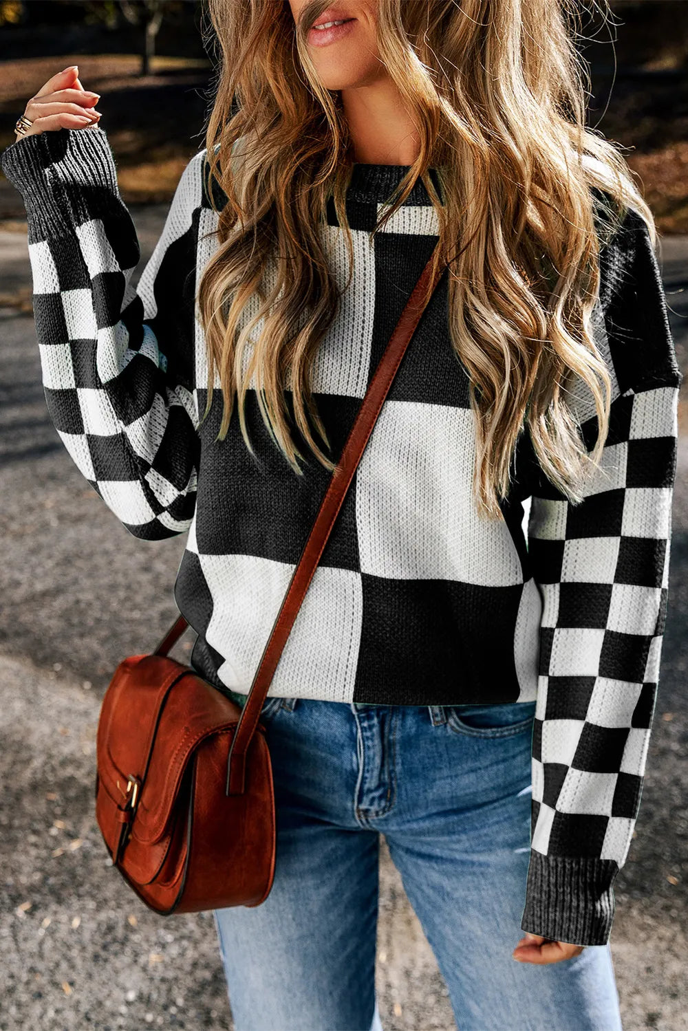 Checkered Round Neck Drop Shoulder Sweater (19)