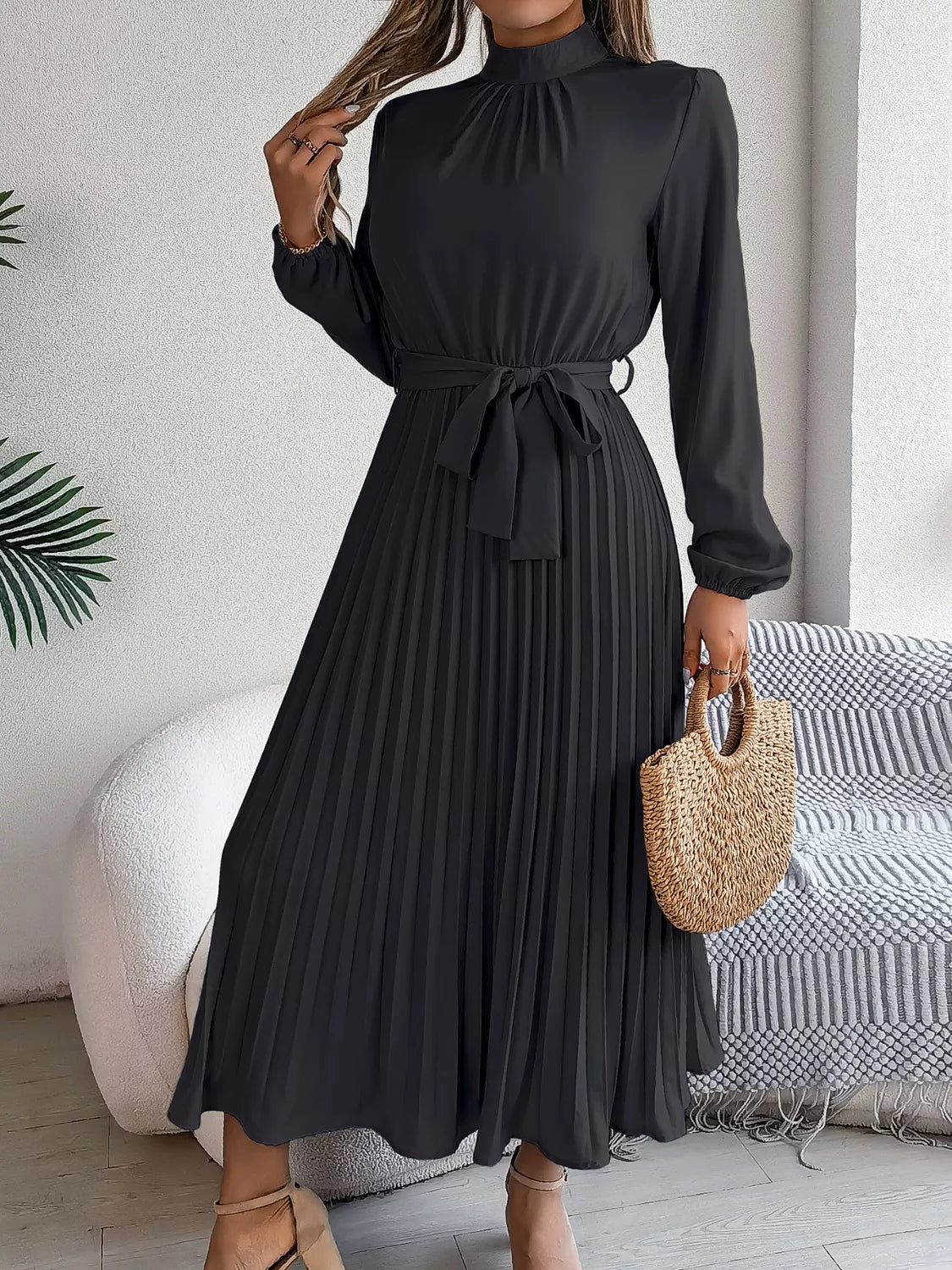 Mock Neck Pleated Midi Dress (23)