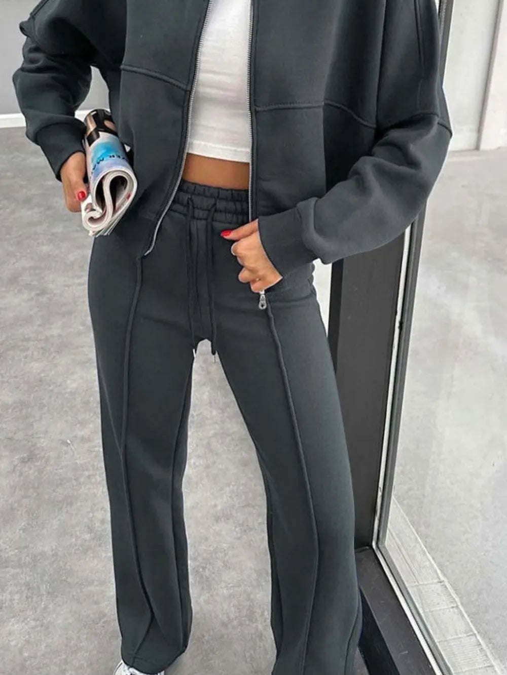 Baseball Collar Zip Up Outerwear Drawstring Pants Set (27)