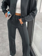 Baseball Collar Zip Up Outerwear Drawstring Pants Set (27)