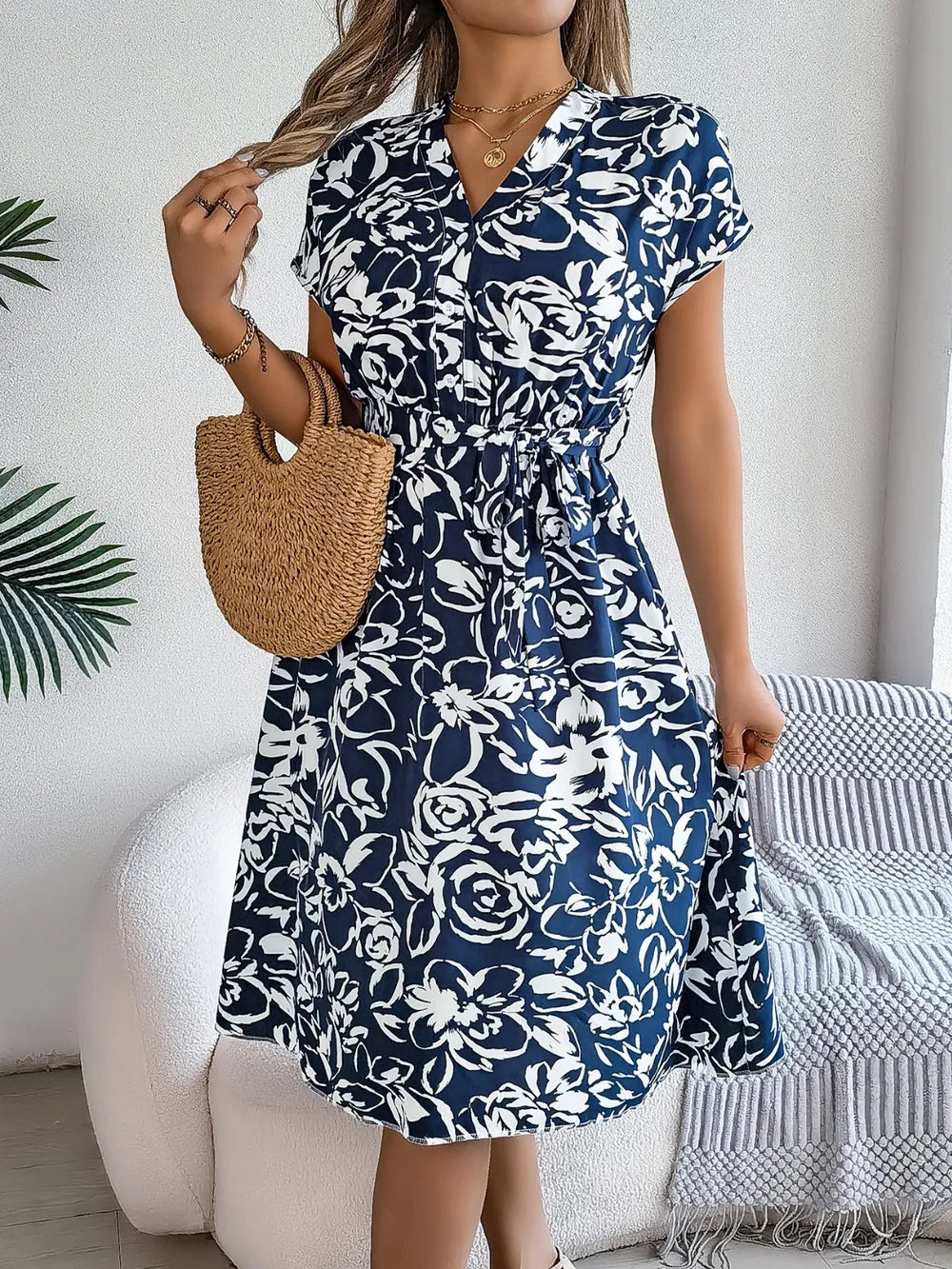 Printed V-neck Short Sleeve Dress (15)