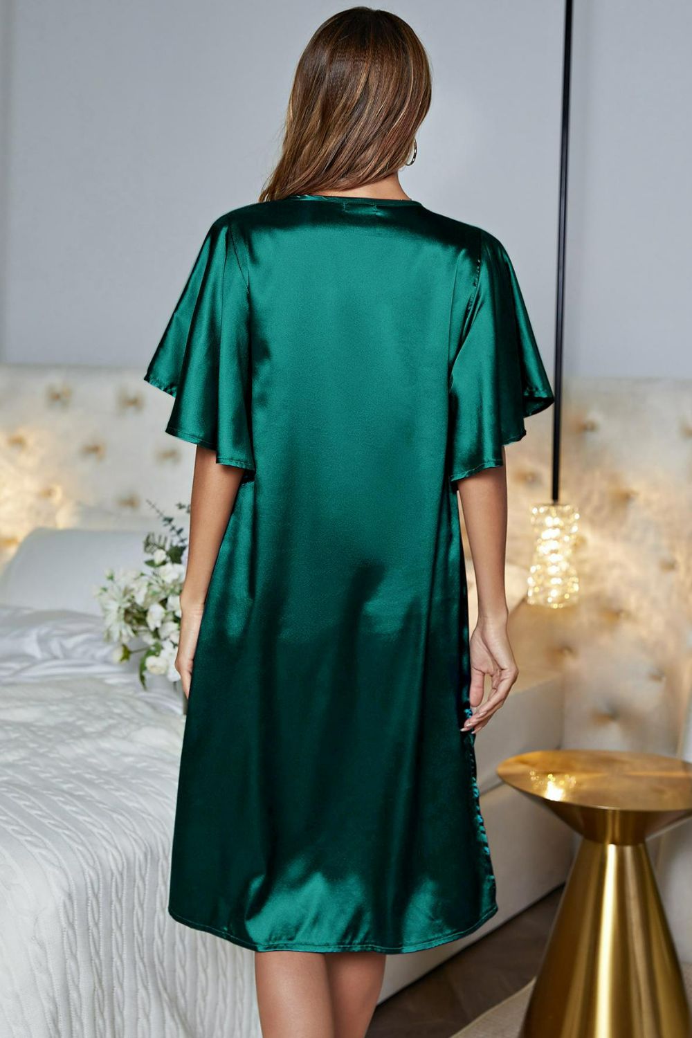 Satin Flutter Sleeve Side Slit V-neck Night Dress (8)