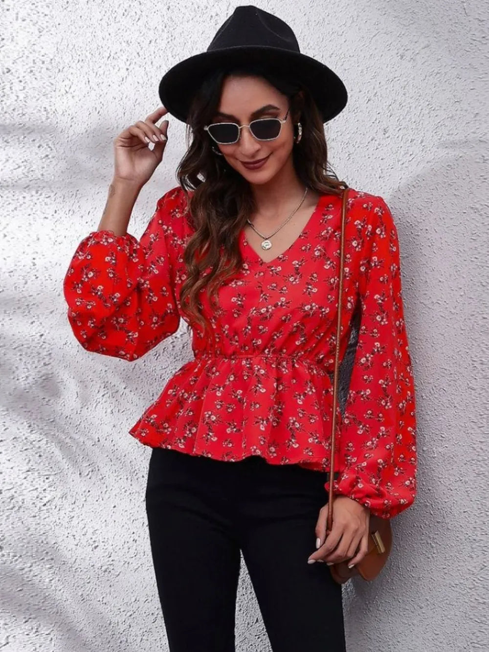 Ruched Printed V-neck Long Sleeve Blouse (31)