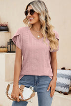 Eyelet V-neck Petal Sleeve T-shirt (23)