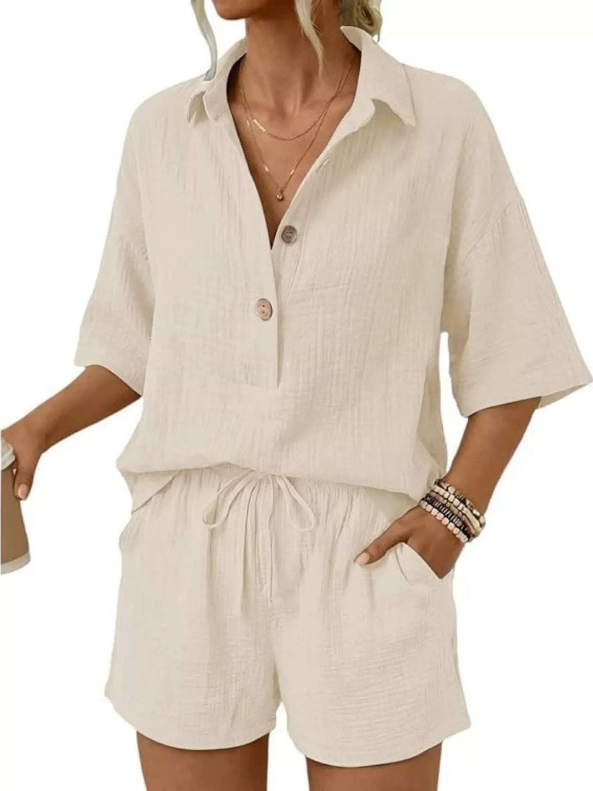 Linen Button Front Short Sleeve Top Shorts Set (6)