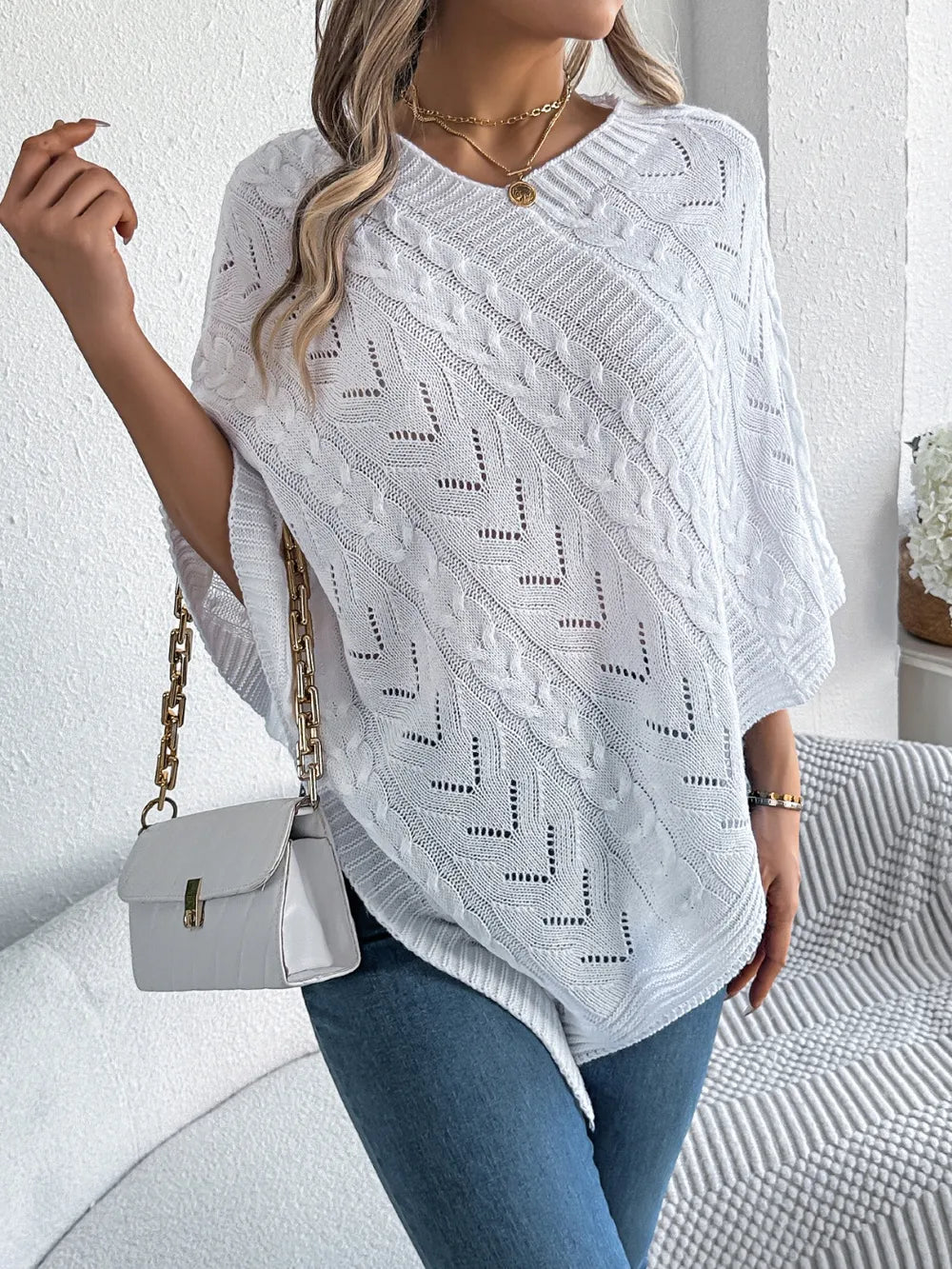 Cable-knit Openwork Three-quarter Sleeve Sweater (2)