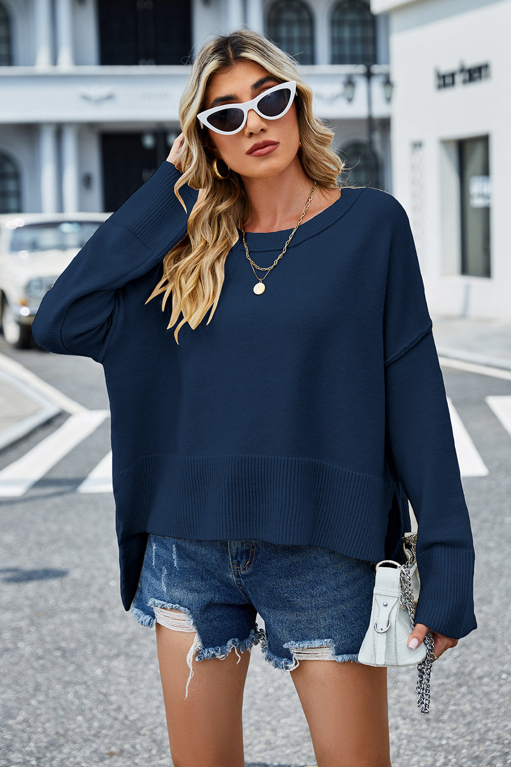 Round Neck Dropped Shoulder Slit Sweater (3)