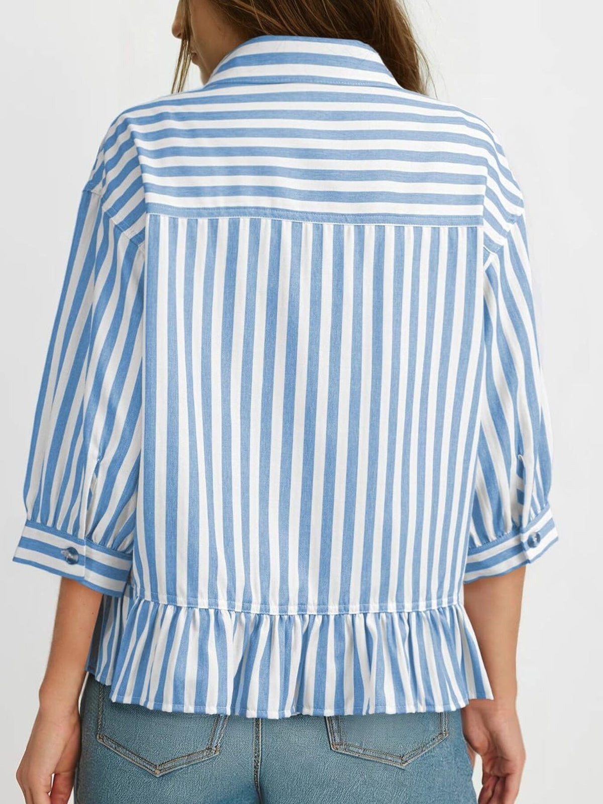 Striped Ruffle Hem Button-down Shirt (4)