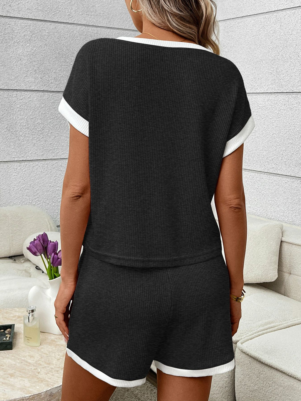 Contrast Trim Short Sleeve Top Shorts Set (10)