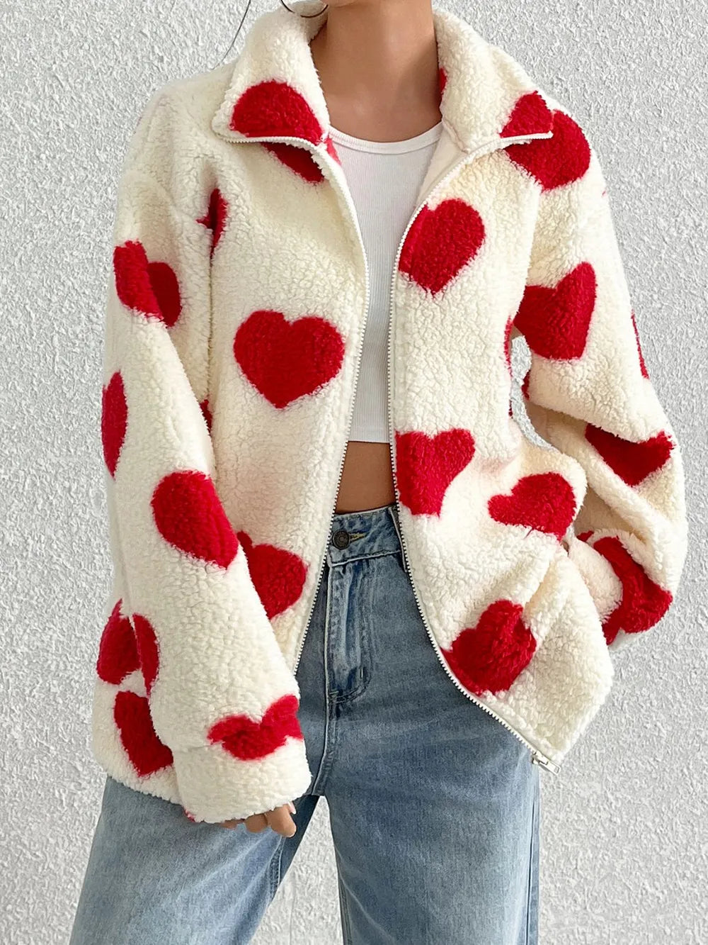 Heart Zip Up Drop Shoulder Furry Jacket (5)